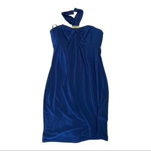 NWT Laundry Shelli Segal BLUE Cocktail DRESS Halter with Gold Brooch 4 Ink Blot